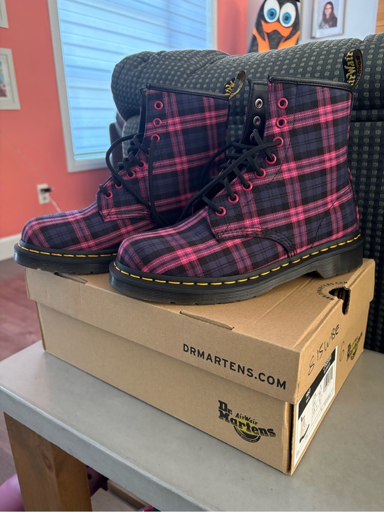 Dr. Martens Shoes - Dr. Martens Pink and Black Plaid Lace-Up Women's Boots